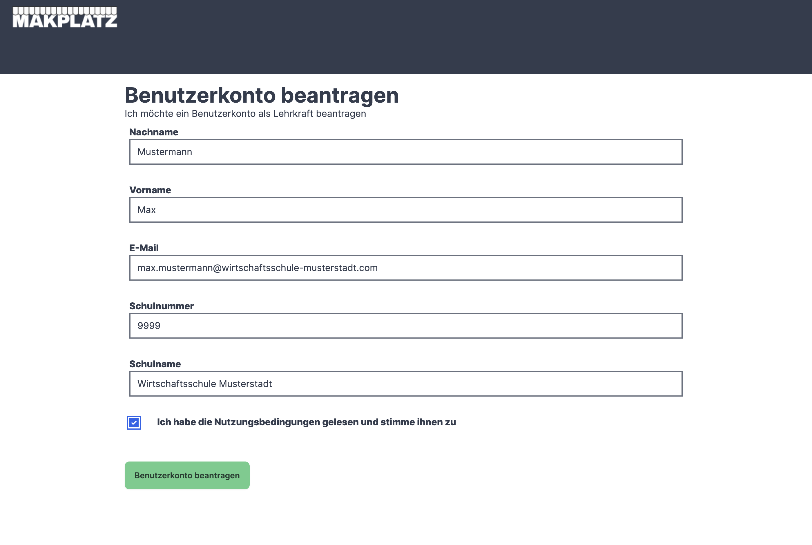 Formular für Antrag aufBenutzerkonto als Lehrkraft