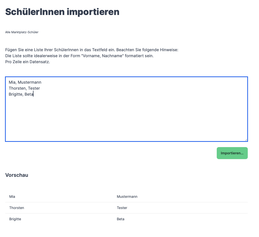 Die Maske zum Importieren von SchülerInnen