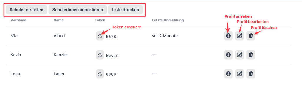 Die Übersicht der SchülerInnen mit Buttons zum Erstellen, Bearbeiten und Löschen